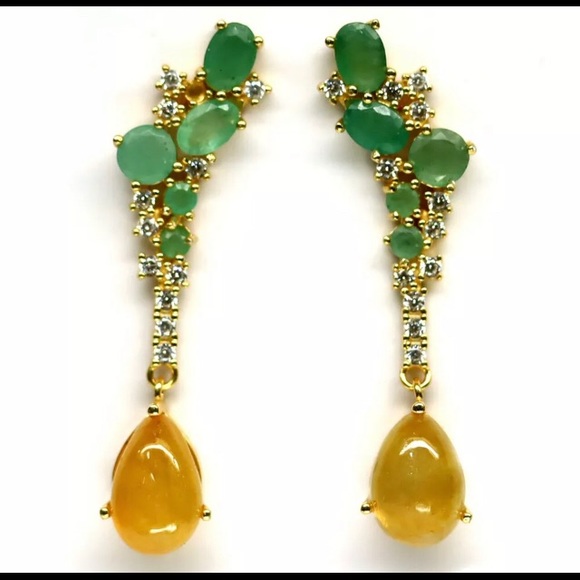 Natural Emerald and Yellow Sapphire Cabochon earrings 14k over 925 Silver New - Picture 1 of 5